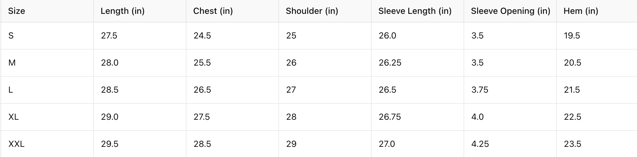 size chart