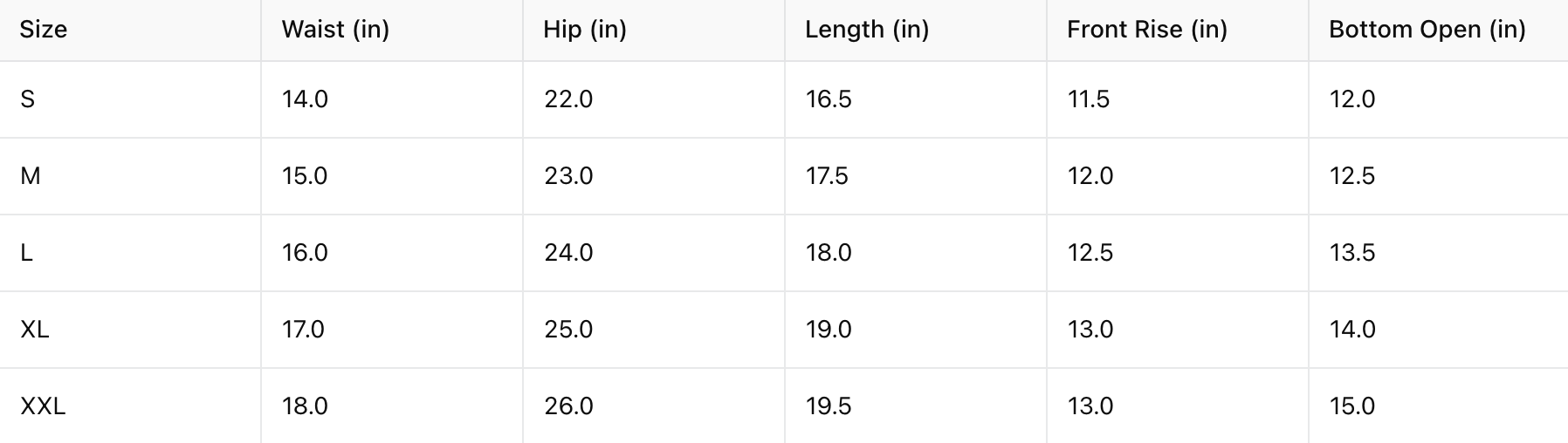 size chart