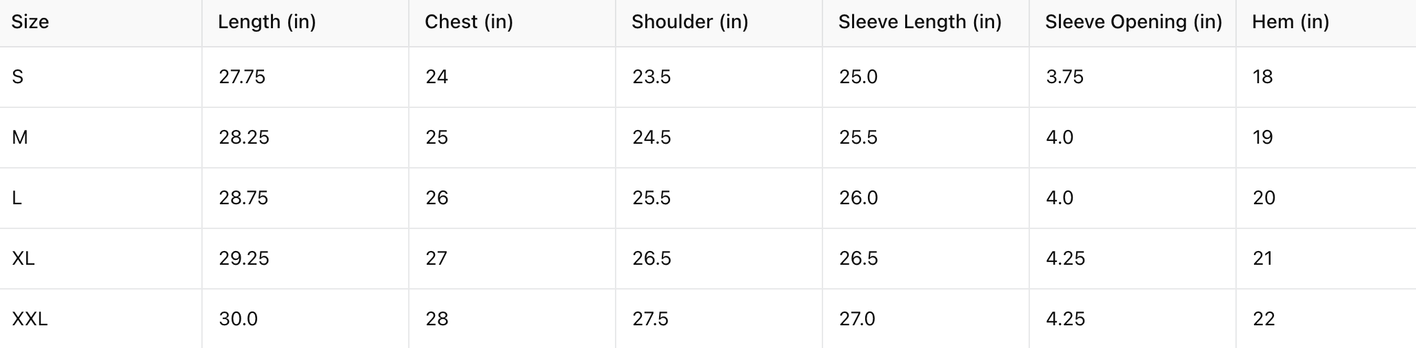 size chart