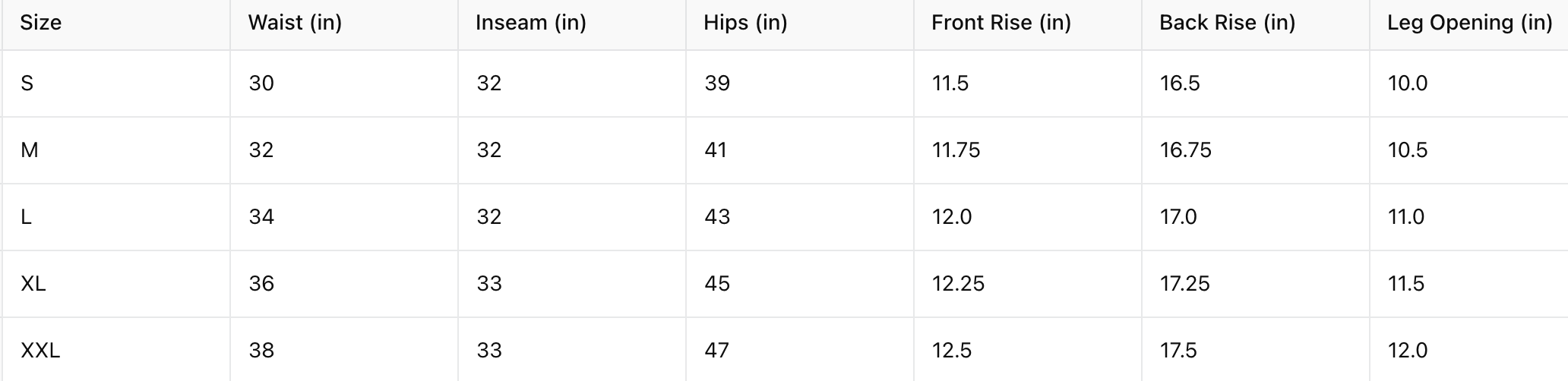 size chart